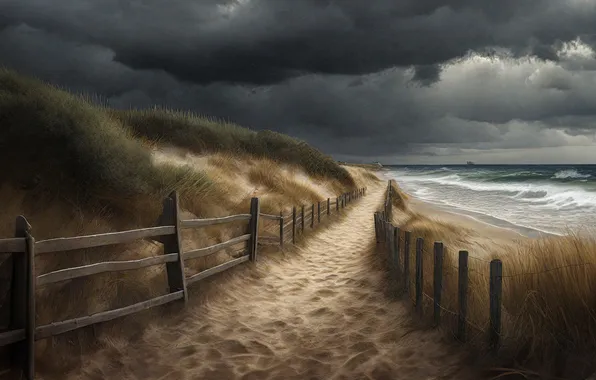 Sand, sea, beach, grass, landscape, traces, clouds, nature