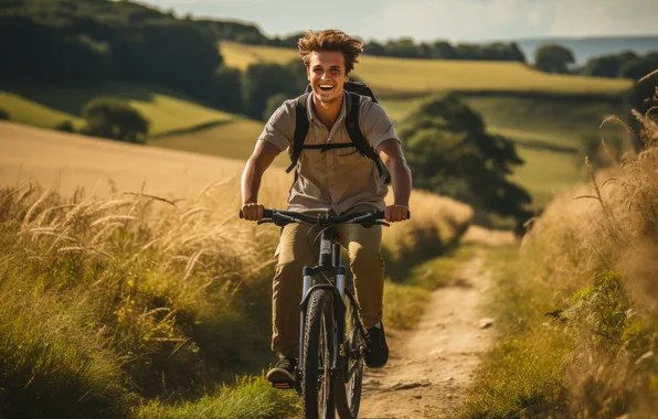 Field, forest, summer, light, joy, bike, smile, hills