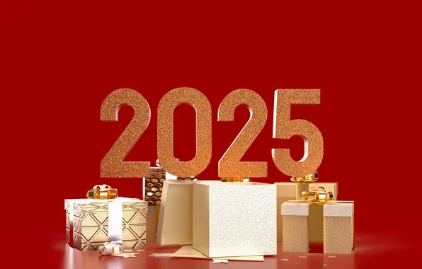 Figures, gifts, New year, gold plated, bows, red background, box, date