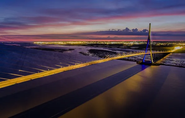 Night, lights, France, support, Le Havre, Honfleur, Normandy Bridge