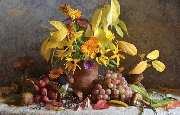 Autumn, leaves, mushrooms, bouquet, grapes, still life, calendula, radishes