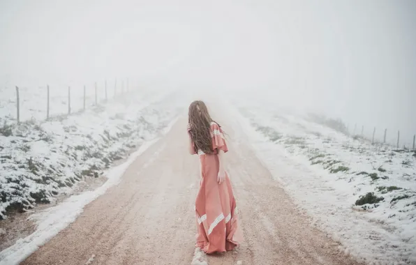Picture girl, woman, snow, model, fog, portrait