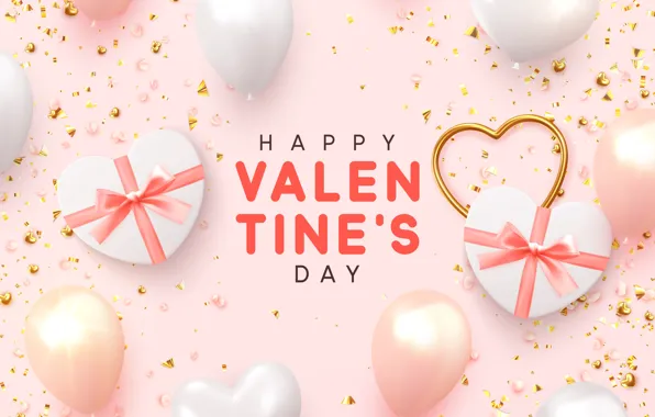 Balls, background, pink, gifts, hearts, Valentines Day