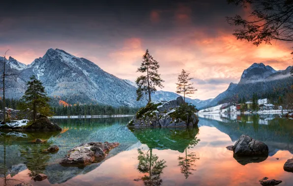 Picture sunset, mountains, nature, lake