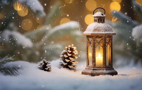 Winter, snow, night, Christmas, lantern, New year, Christmas, night
