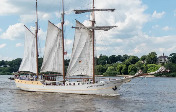 Coast, ship, sailboat, Germany, sails, Elba, Hamburg, passengers