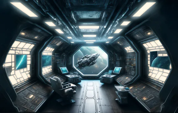 Space, fiction, science, interior, the window, spaceship, spaceship, starship