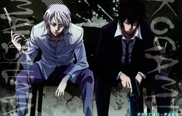 Costume, two, art, razor, white shirt, psycho-pass, psycho-passport, shougo makishima