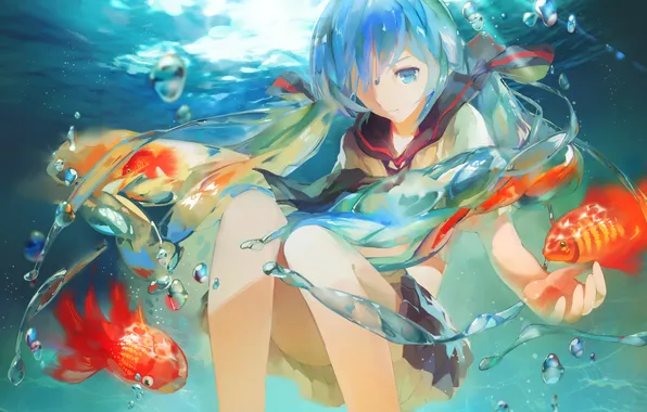 Water, girl, fish, schoolgirl, vocaloid, Vocaloid, art, bottle miku