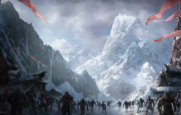 Snow, mountains, art, battle, orcs, Lord of The Rings, War In The North, Ilya Nazarov