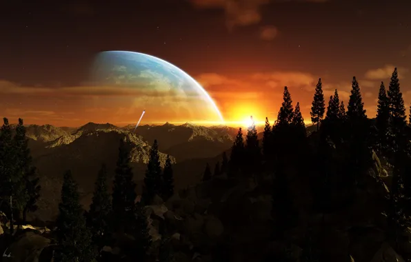 The sky, trees, mountains, ship, alien planet