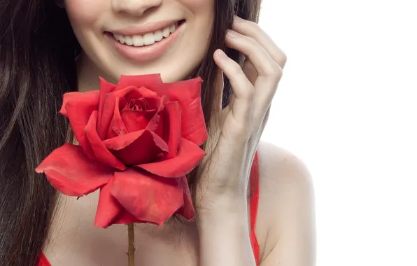 Picture flower, girl, smile, background, model, rose, hand