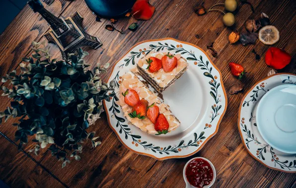 Picture berries, cake, cream, dessert, wood, sweet, delicious, strawberries.