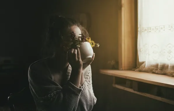 Girl, flowers, Cup