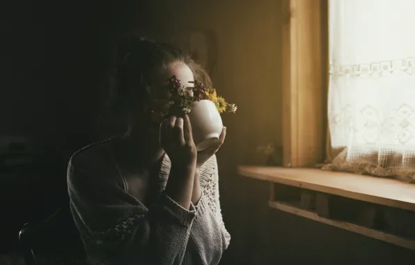 Picture girl, flowers, Cup