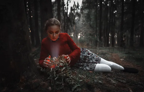 Forest, girl, glow, legs, Sergey Kuzichev, Anastasia Sukhanova