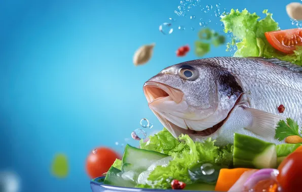 Water, drops, squirt, food, fish, vegetables, tomatoes, tomatoes