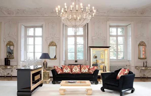 House, lamp, sofa, Villa, Windows, interior, pillow, chandelier