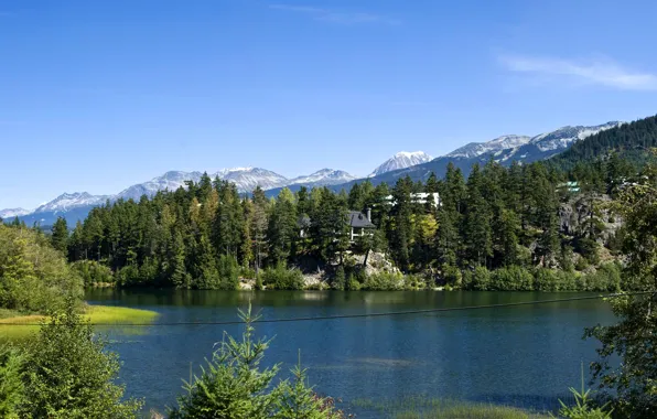 Forest, trees, mountains, lake, rocks, Canada, houses, Lake Whistler