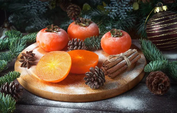 Picture branches, Board, new year, Christmas, fruit, needles, bumps, powdered sugar