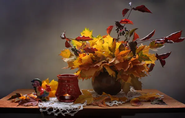 Leaves, branches, berries, candle, vase, still life, table, candle holder