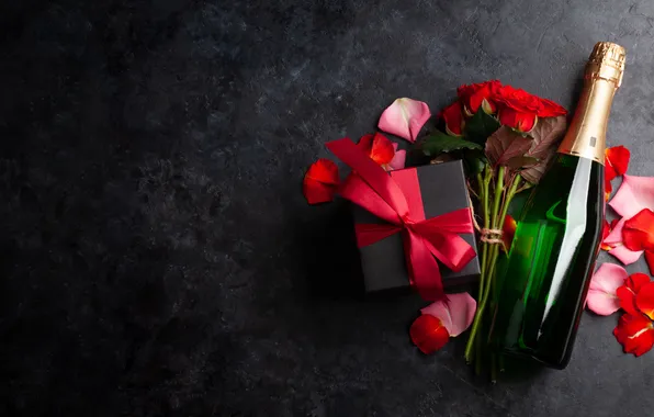 Love, flowers, gift, romance, roses, petals, love, champagne
