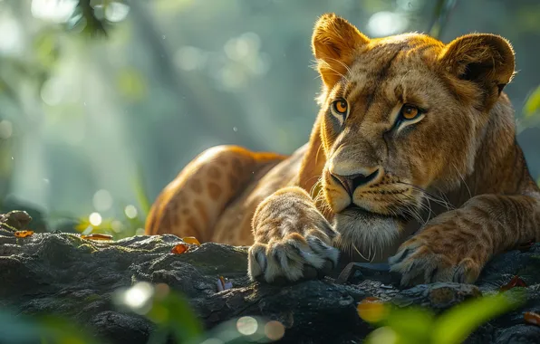 Look, Trees, Lioness, Face, Front, Digital art, Big cat, Closeup