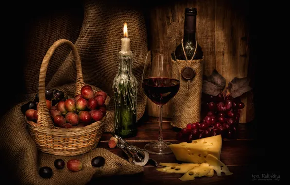 Picture wine, glass, candle, cheese, grapes, still life, corkscrew