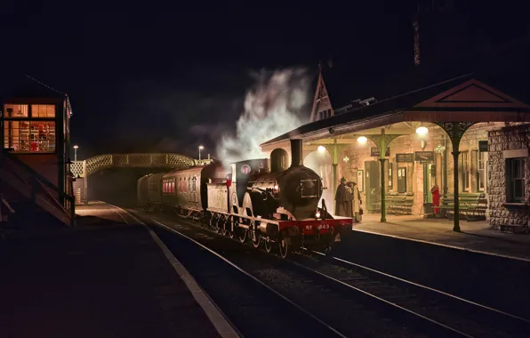 Night, retro, England, the engine, station