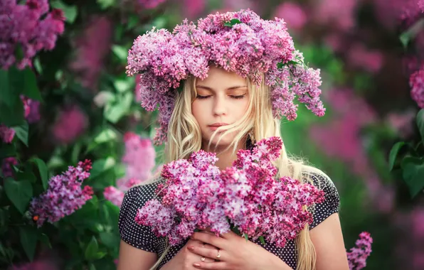 Girl, flowers, portrait, wreath, lilac, Lilac dreams