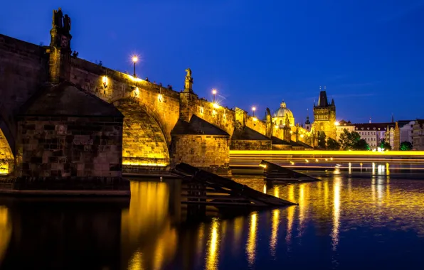 Night, lights, Prague, Czech Republic, Charles bridge