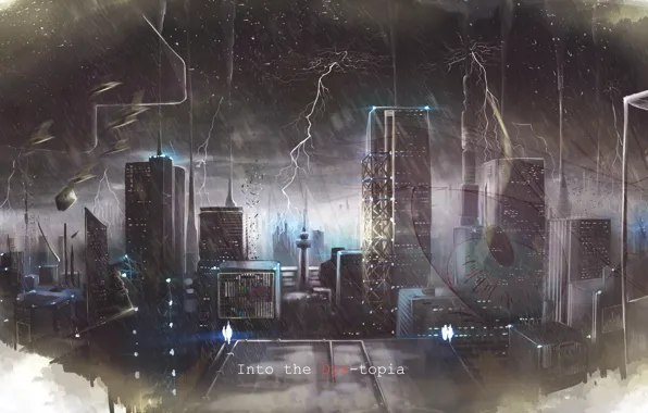 The storm, the city, rain, element, zipper, anime