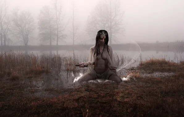 BROWN hair, FABRIC, POND, LAKE, FOG, SWORD, GOTHIC, SHAWL