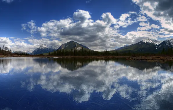 Forest, water, clouds, mountains