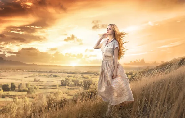The sky, grass, girl, sunset, mood, hair, view, Damien Prokhorov