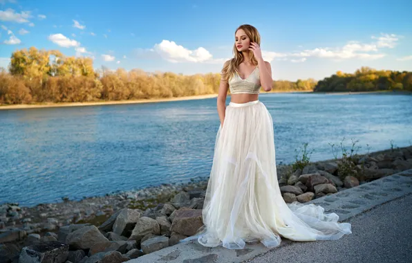 Water, pose, model, hair, skirt, Girl, blonde, Peter Paszternak