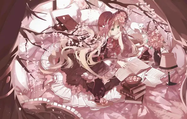 Cat, girl, lamp, roses, notebook, Gosick