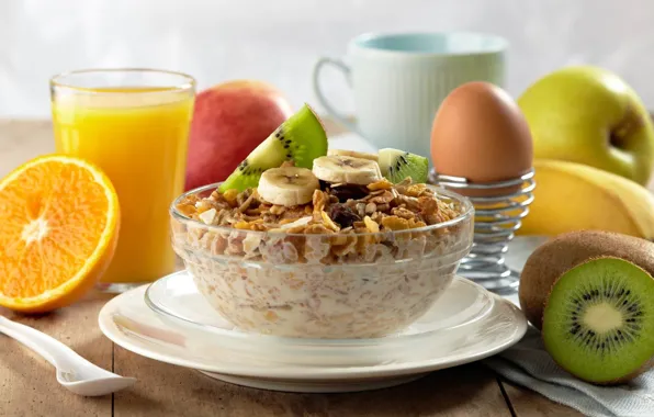 Egg, Apple, orange, kiwi, juice, fruit, granola