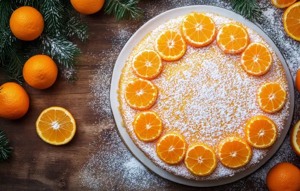 Branches, table, Board, oranges, Christmas, pie, cake, New year
