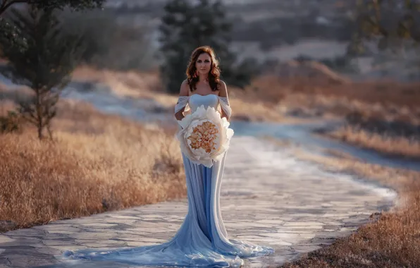 Picture road, girl, landscape, flowers, nature, bouquet, dress, Kuznetsova Victoria