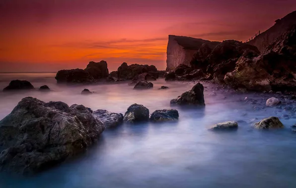 Sea, clouds, sunset, stones, rocks, shore, the evening, twilight