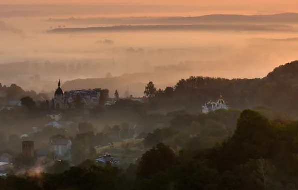Fog, horizon, Ukraine, lions, Church, the city, home, sunrise