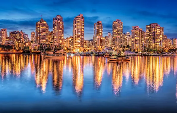 Picture reflection, building, yachts, Canada, panorama, Vancouver, Canada, night city