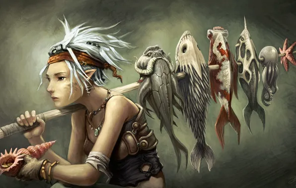 Girl, elf, fish, shell, art, octopus, ears, stick