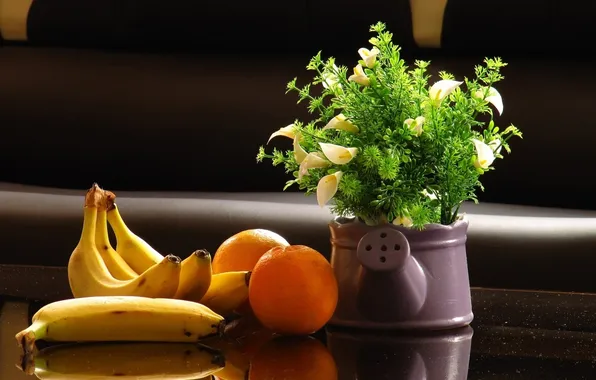 Picture flowers, oranges, bananas, still life
