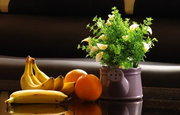 Flowers, oranges, bananas, still life