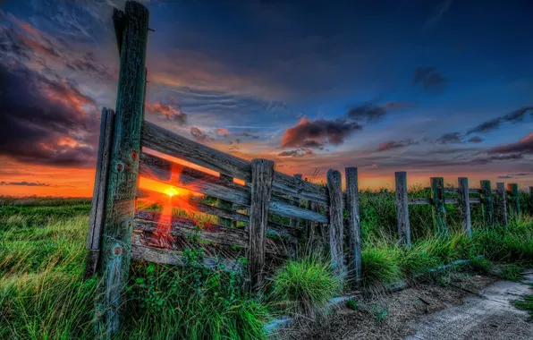 Picture the sky, grass, the sun, clouds, rays, sunset, nature, the way