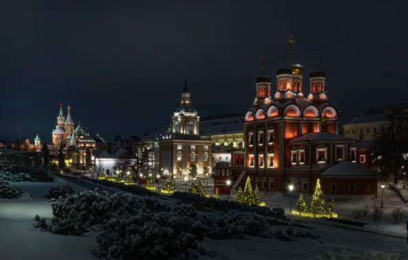 Winter, snow, night, the city, Park, lighting, Moscow, temples