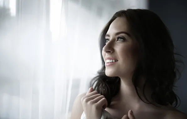 Model, portrait, hands, makeup, brunette, hairstyle, curtains, beauty