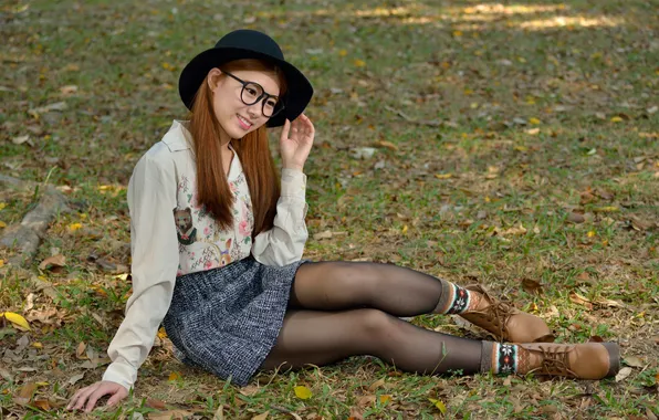 Girl, smile, skirt, hat, glasses, blouse, legs, Asian